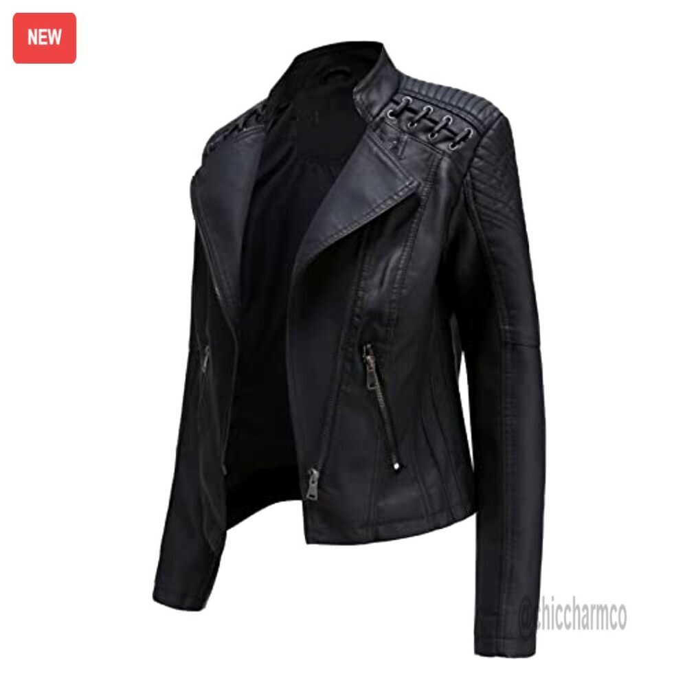 Faux Leather Moto Jacket Short Biker Coat with Pockets - Picture 3 of 7